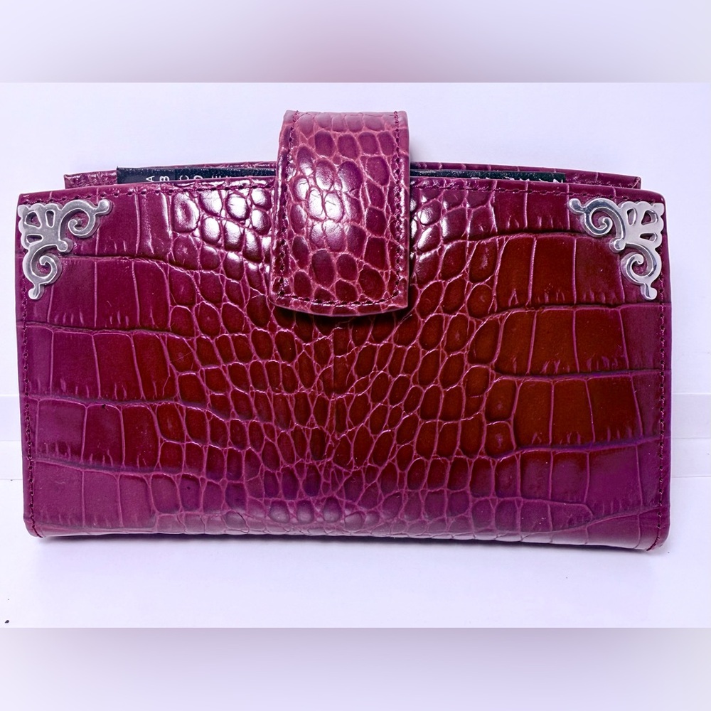 Brighton Croc-Embossed Burgundy Wallet/planner/organizer with Silver Accents.